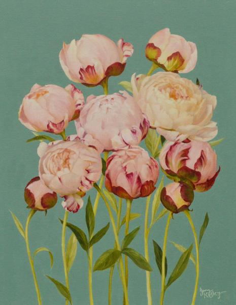 Peonies with Teal, oil on linen, 14 x 11 inches, $2,200 