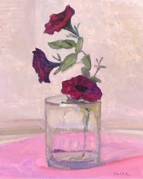 Petunias Over Pink, oil on canvas panel, 10 x 8 inches, $1,100 