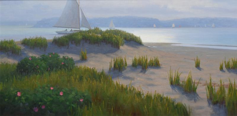 Hazy Light on the Bay, oil on linen, 18 x 36 inches, $8,950 