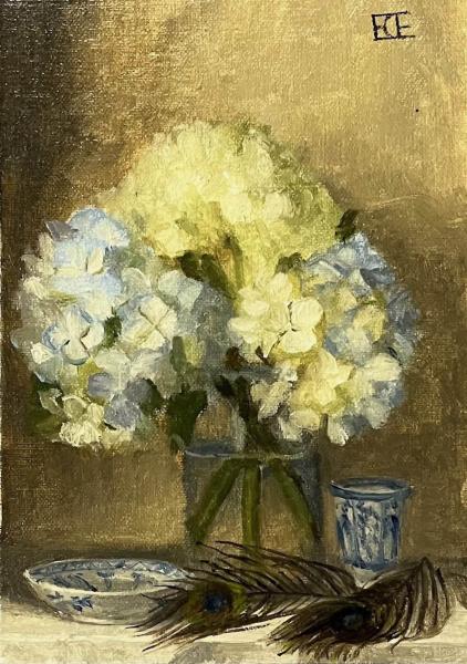 Hydrangea and Feather Study, oil on panel, 7 x 5 inches, $350 