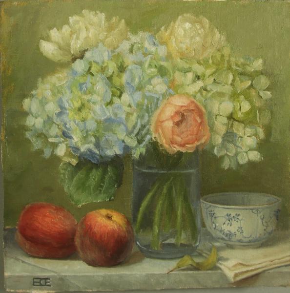 Hydrangea, Peonies and Peaches, oil on panel, 8 x 8 inches, $775 