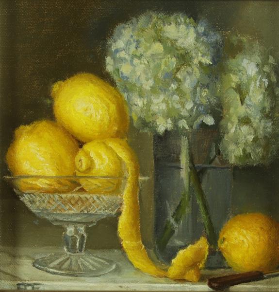 Lemons and Hydrangeas, oil on panel, 6 x 6 inches, $675 