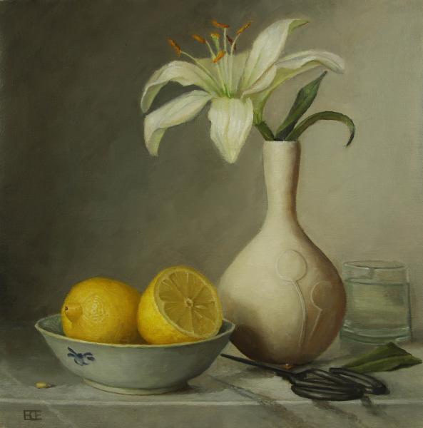 Lemons and Lily, oil on panel, 14 x 14 inches, $1,675 