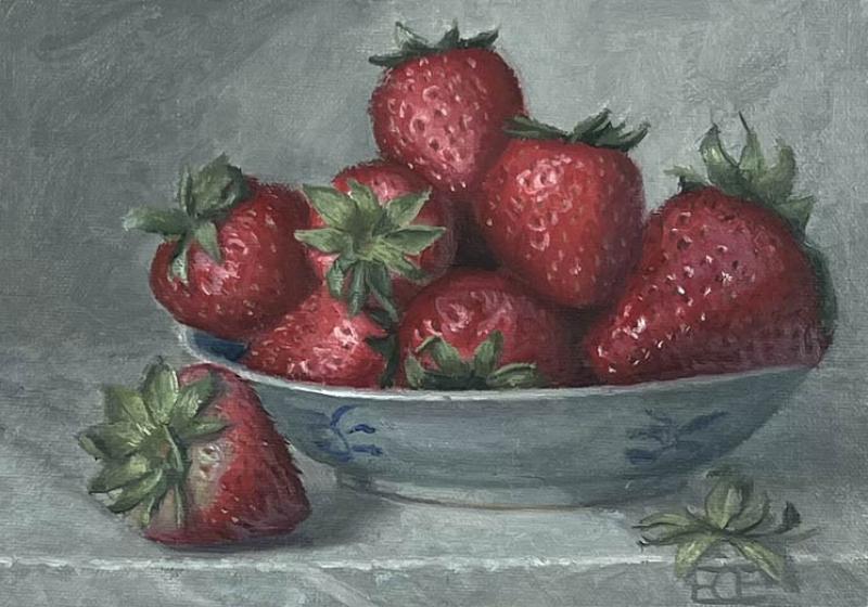 Strawberries in Porcelain, oil on panel, 5 x 7 inches, $395 