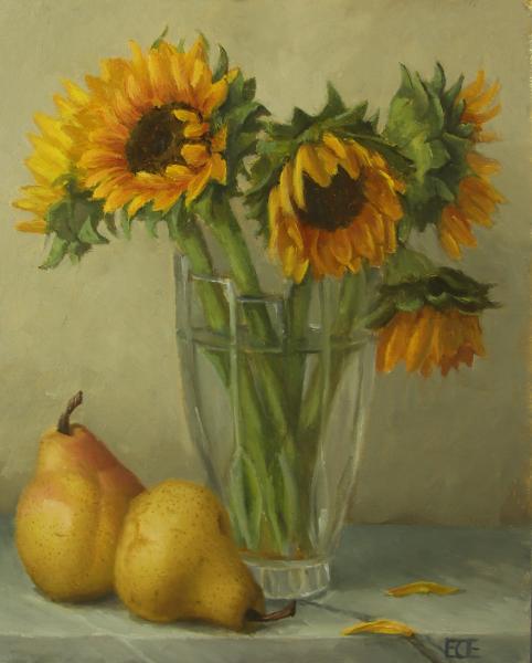 Sunflowers in Crystal and Pears, oil on panel, 10 x 8 inches, $875 