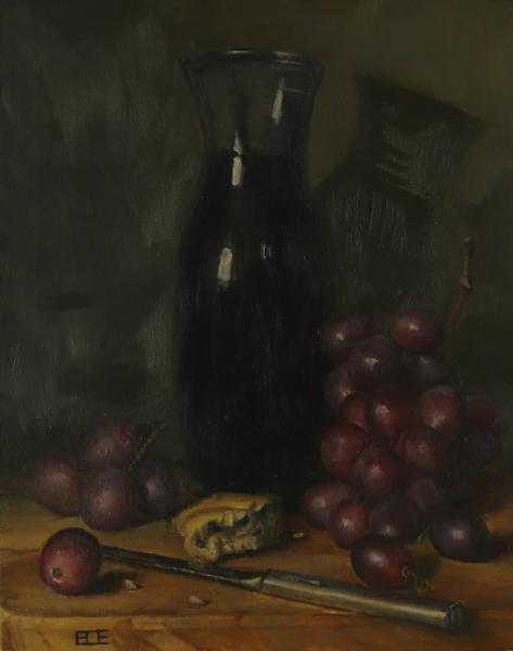 Wine Grapes and Cheese, oil on panel, 5 x 7 inches, $375 
