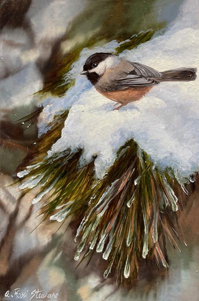 Chickadee, oil on panel, 6 x 4inches, $375 