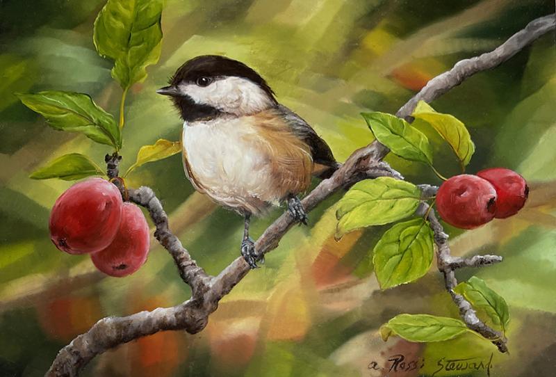 Chickadee with Crabapples, oil on panel, 5 x 7 inches   SOLD 