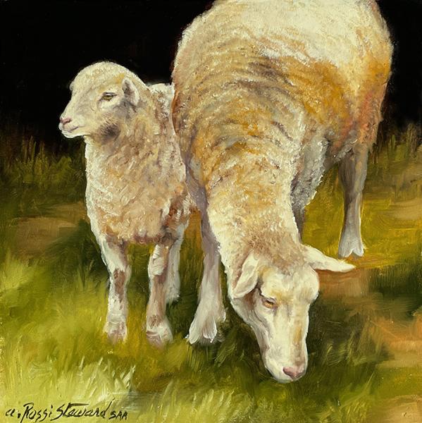 Sheep and Lamb, oil on panel, 6 x 6 inches, $550 