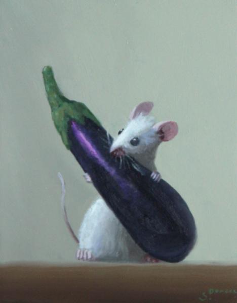 Eggplant Buddy, oil on panel, 5 x 4 inches, $700 